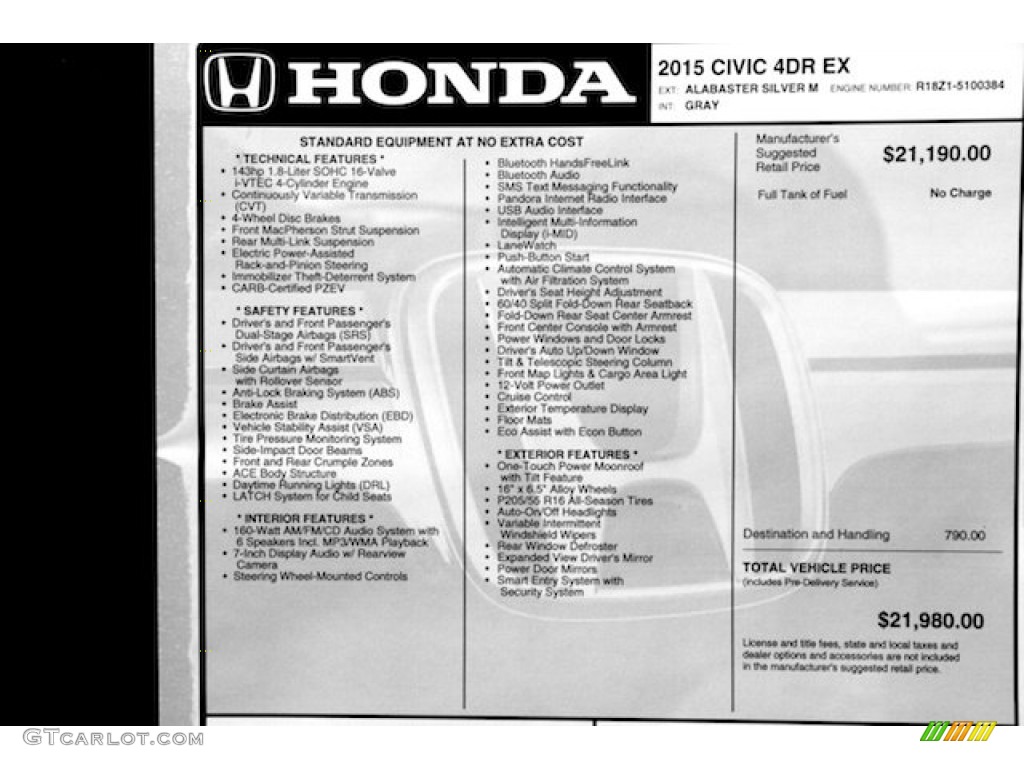 2015 Civic EX Sedan - Alabaster Silver Metallic / Gray photo #19