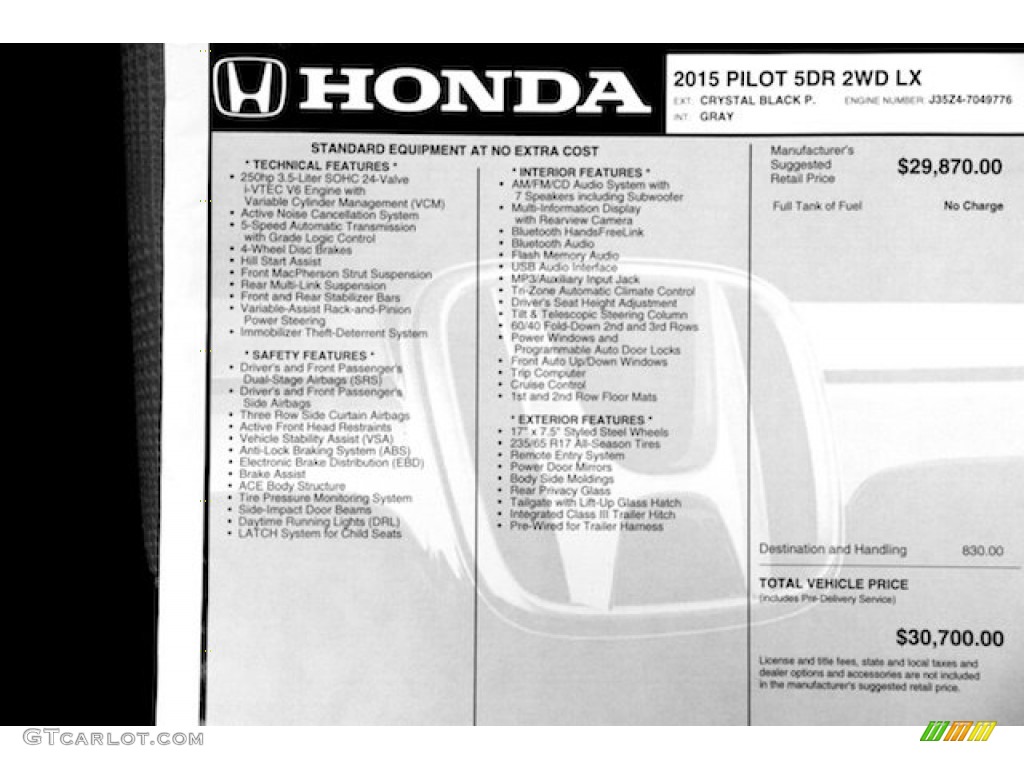 2015 Pilot LX - Crystal Black Pearl / Gray photo #20