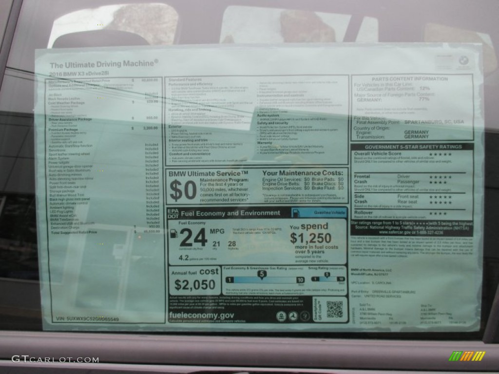 2016 BMW X3 xDrive28i Window Sticker Photo #104135056