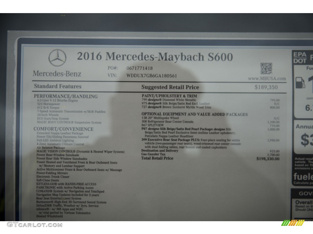 2016 S Mercedes-Maybach S600 Sedan - designo Diamond White Metallic / designo Silk Beige/Satin Red Pearl photo #11