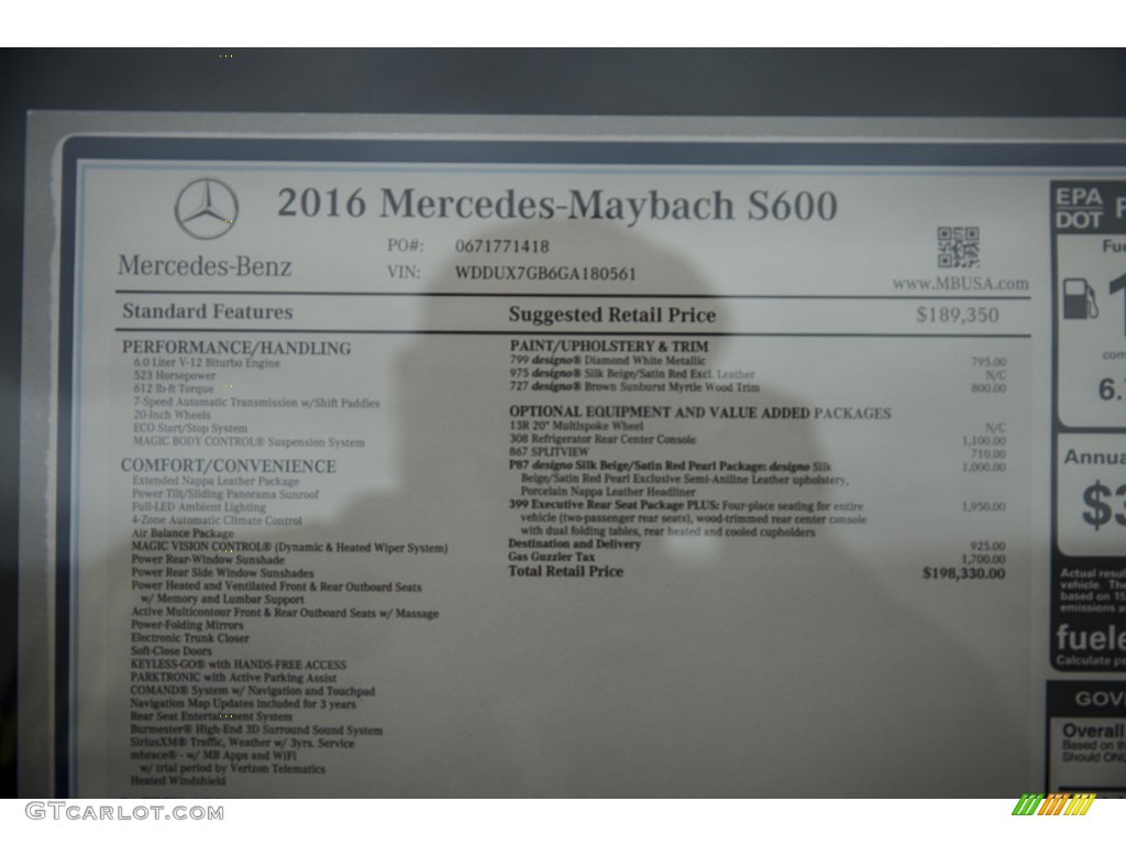 2016 Mercedes-Benz S Mercedes-Maybach S600 Sedan Window Sticker Photo #104162879