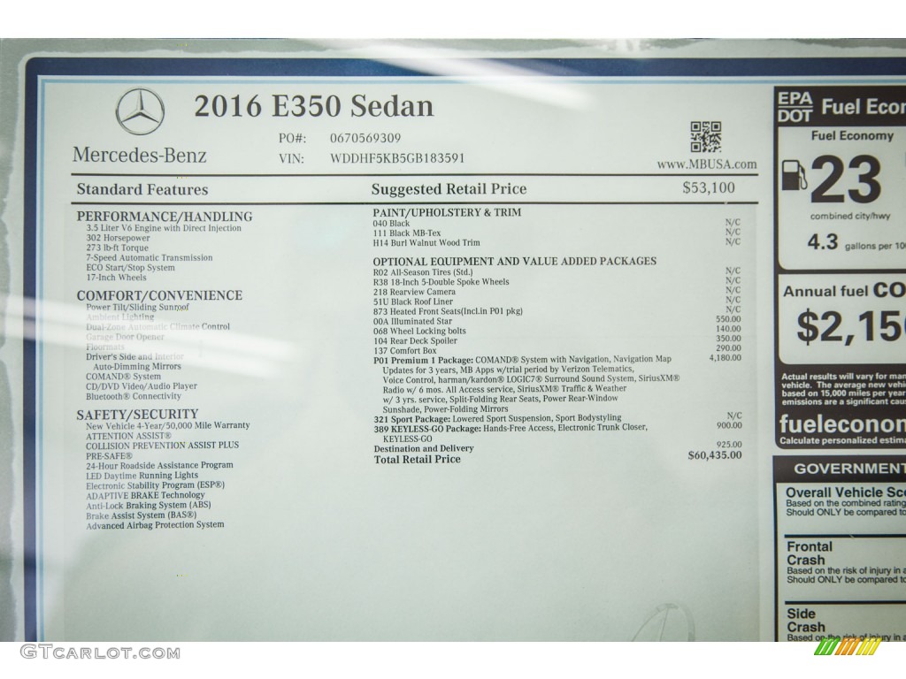 2016 Mercedes-Benz E 350 Sedan Window Sticker Photo #104171084