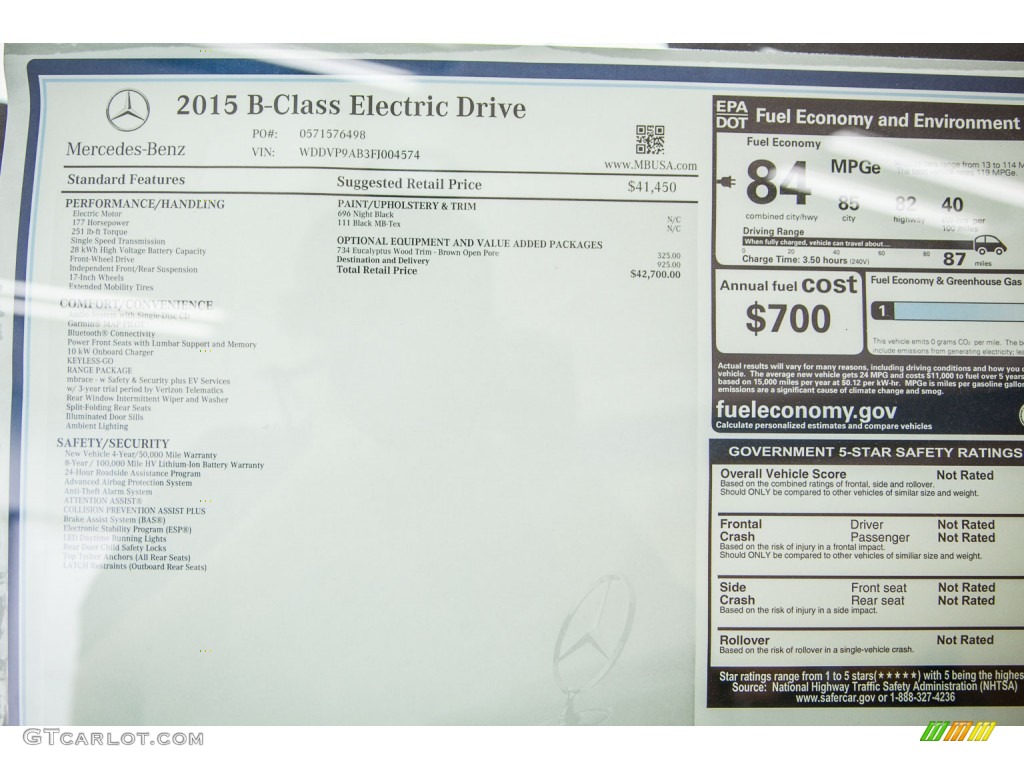 2015 Mercedes-Benz B Electric Drive Window Sticker Photo #104211444