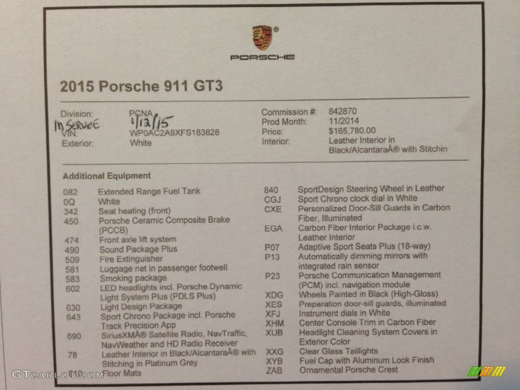 2015 Porsche 911 GT3 Window Sticker Photo #104239058