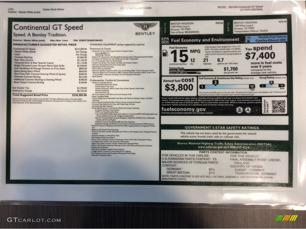 2013 Bentley Continental GT Speed Window Sticker Photos