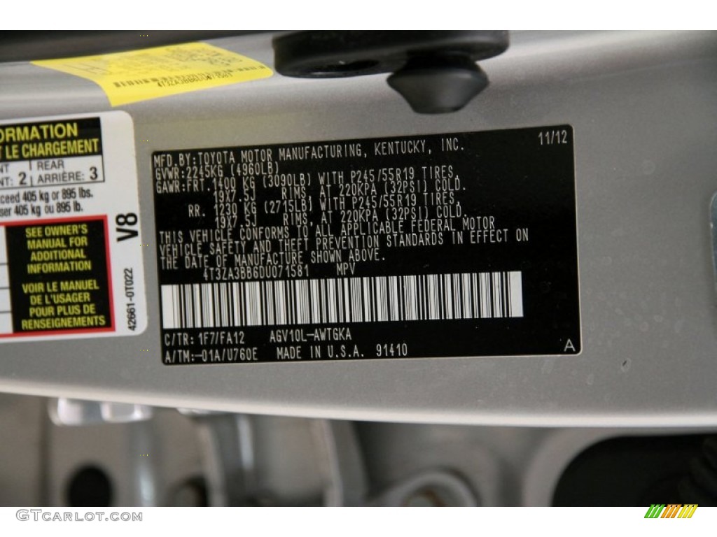 2013 Toyota Venza LE Color Code Photos