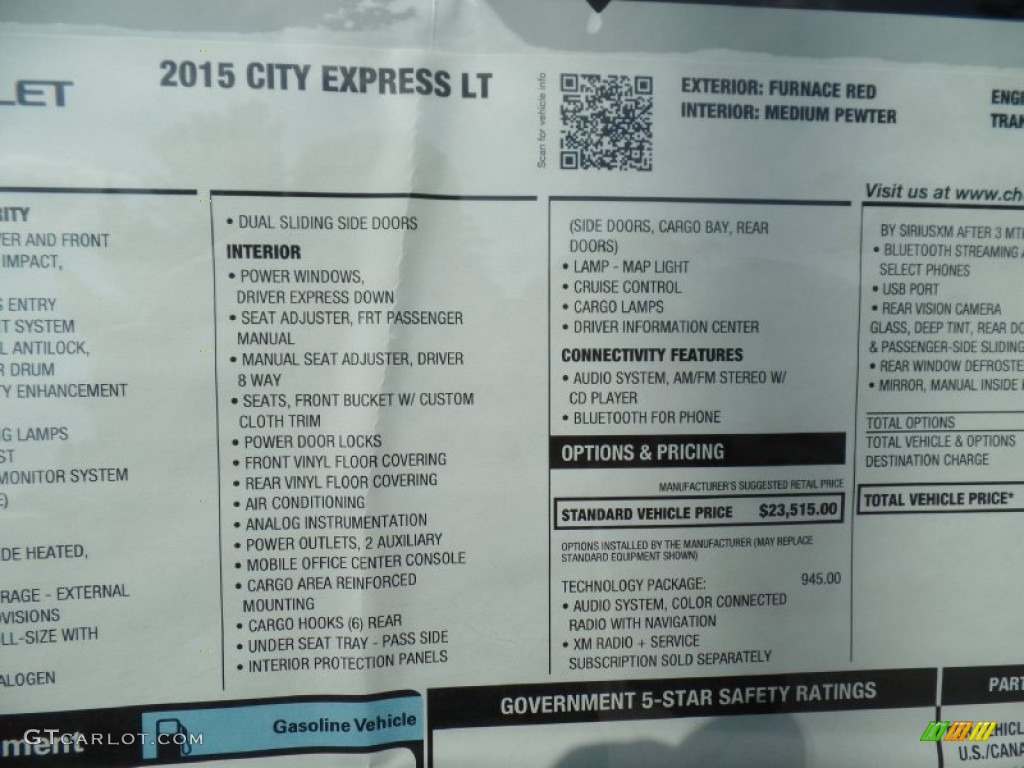 2015 Chevrolet City Express LT Window Sticker Photo #104301329