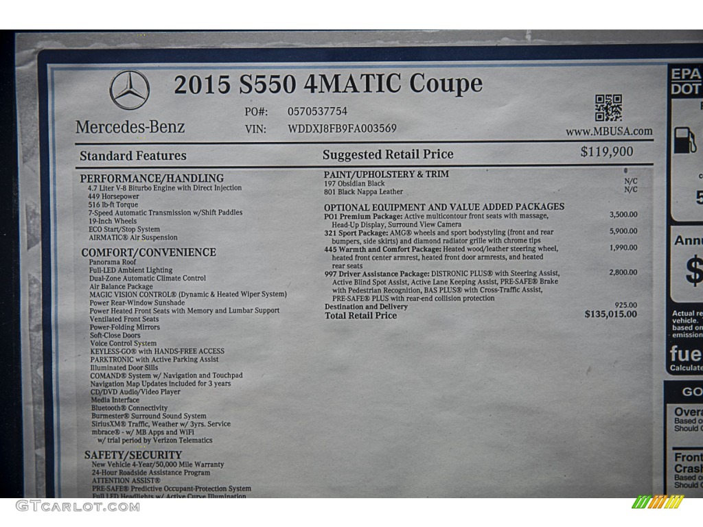 2015 Mercedes-Benz S 550 4Matic Coupe Window Sticker Photo #104316587