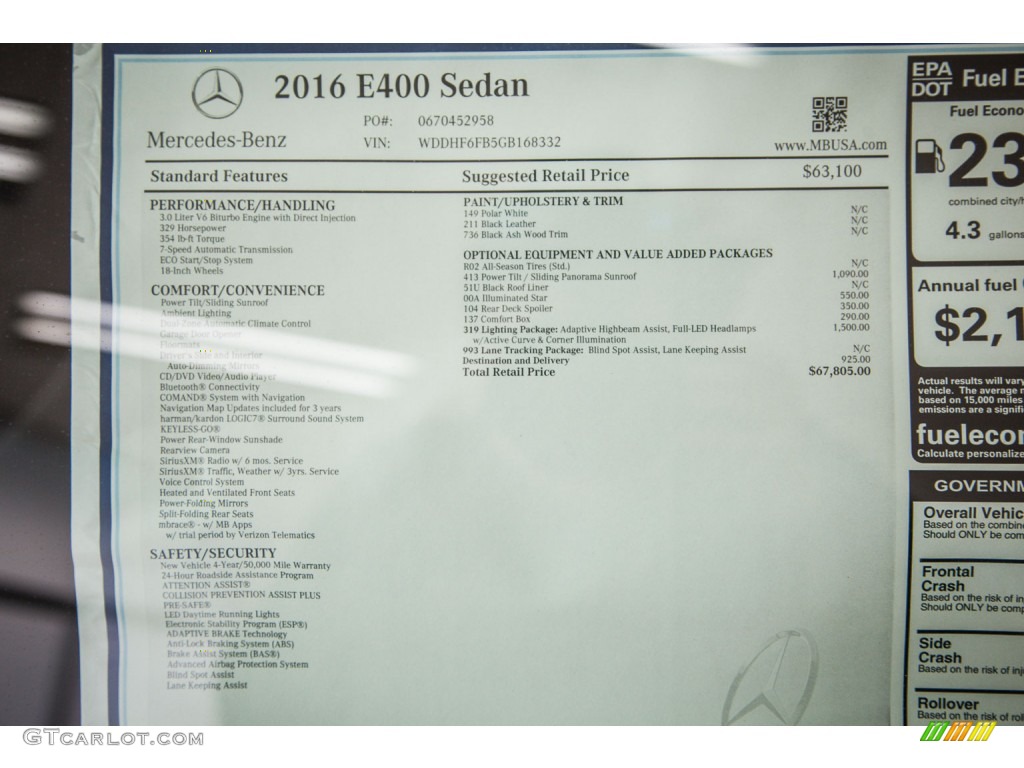2016 Mercedes-Benz E 400 Sedan Window Sticker Photo #104338751