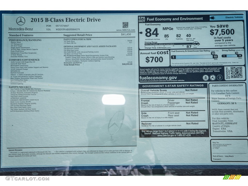 2015 Mercedes-Benz B Electric Drive Window Sticker Photo #104357361