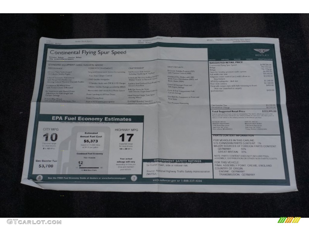 2009 Bentley Continental Flying Spur Speed Window Sticker Photo #104431979