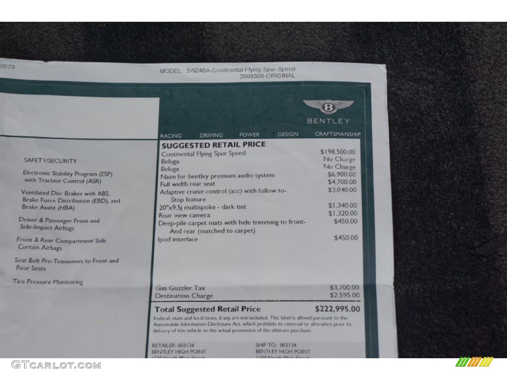 2009 Bentley Continental Flying Spur Speed Window Sticker Photo #104431994