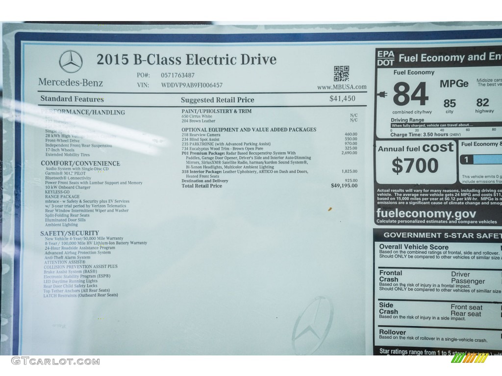 2015 Mercedes-Benz B Electric Drive Window Sticker Photo #104494569