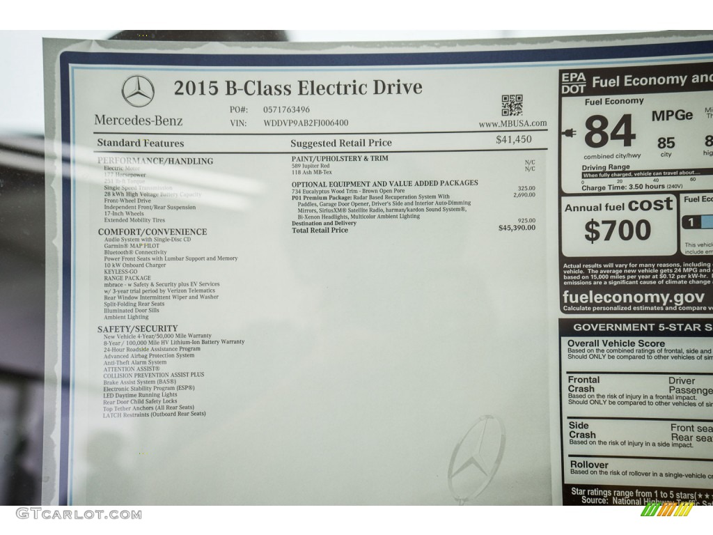 2015 Mercedes-Benz B Electric Drive Window Sticker Photo #104528896