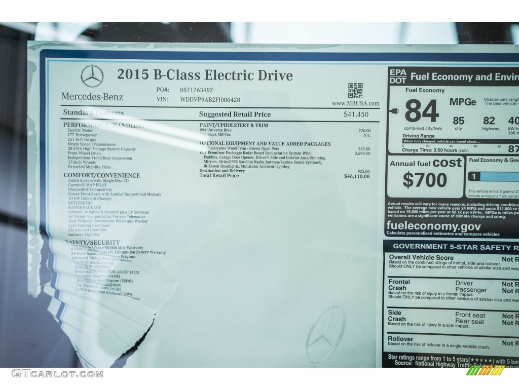 2015 Mercedes-Benz B Electric Drive Window Sticker Photo #104671369