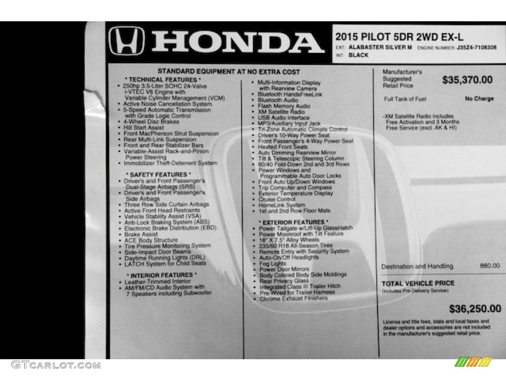 2015 Pilot EX-L - Alabaster Silver Metallic / Black photo #22