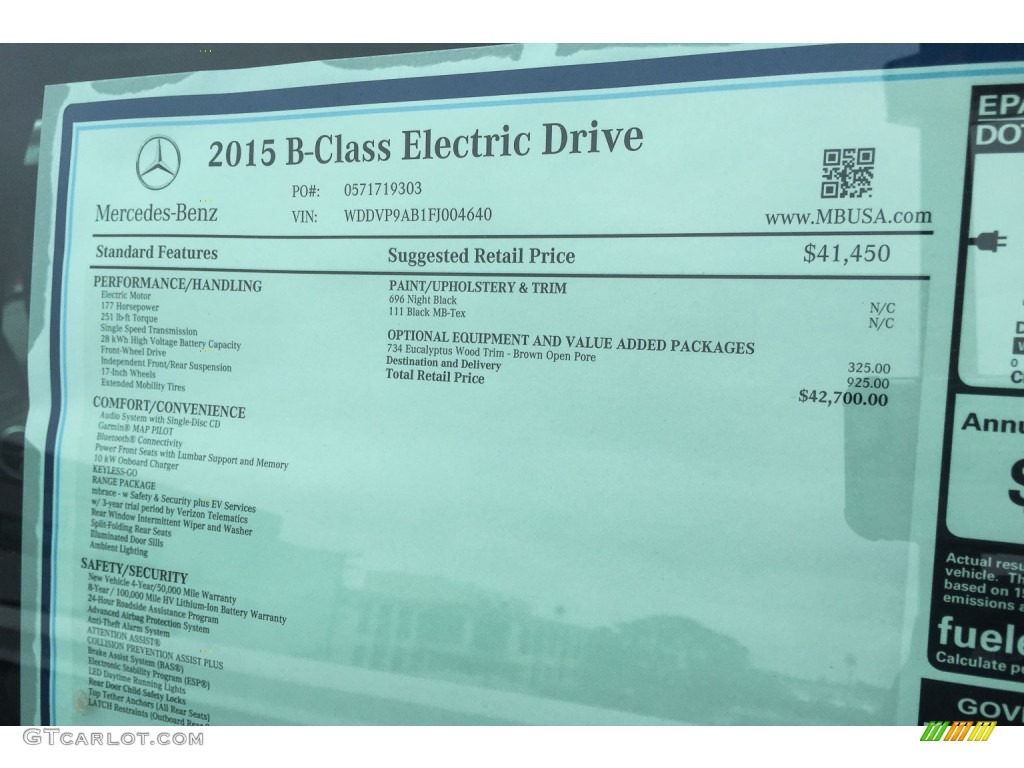 2015 Mercedes-Benz B Electric Drive Window Sticker Photo #104752609