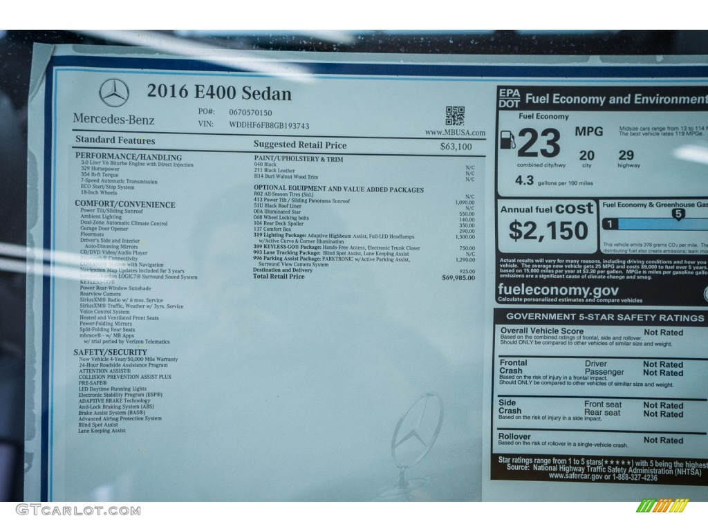2016 Mercedes-Benz E 400 Sedan Window Sticker Photo #104763511