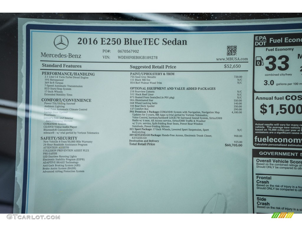 2016 Mercedes-Benz E 250 Bluetec Sedan Window Sticker Photo #104764159