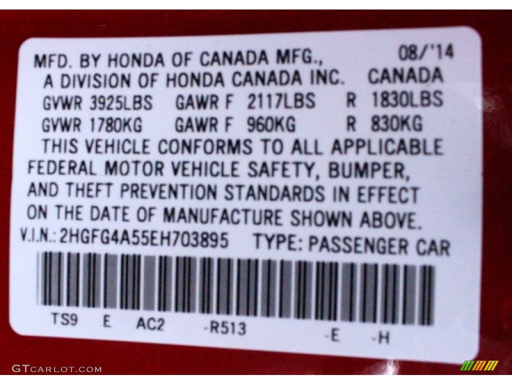 2014 Civic Color Code R513 for Rallye Red Photo #104769424