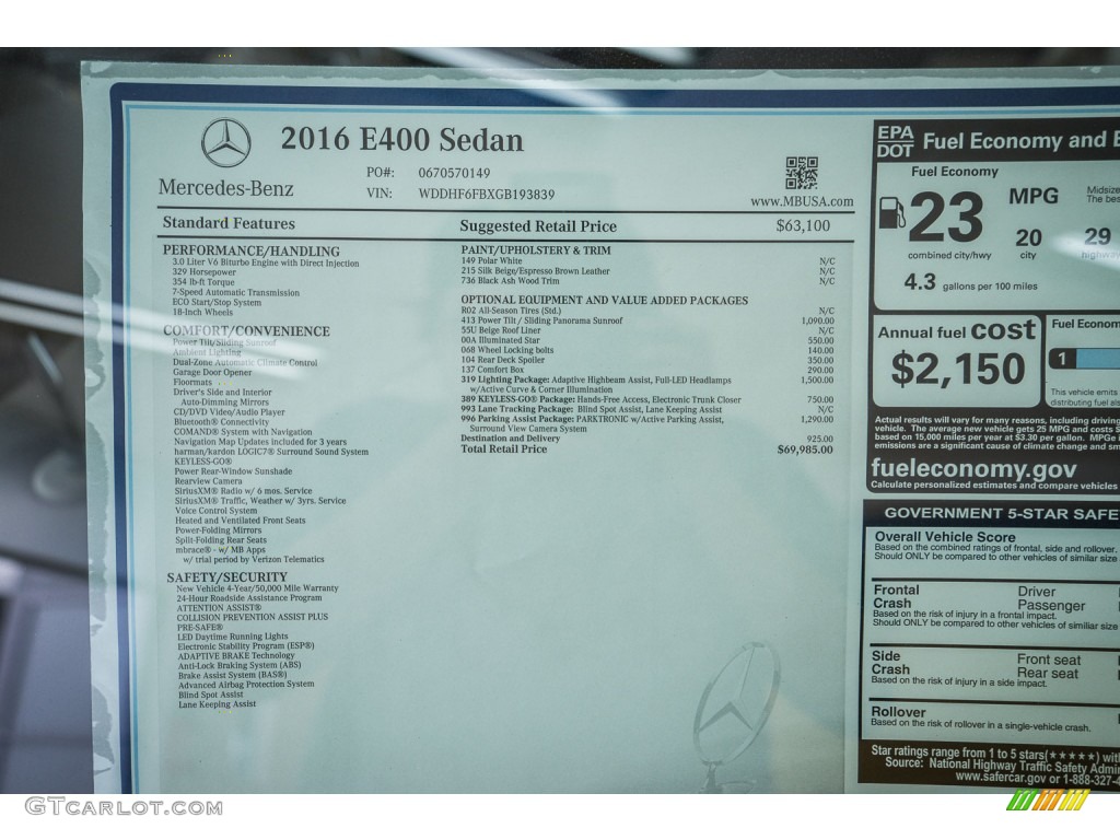 2016 Mercedes-Benz E 400 Sedan Window Sticker Photo #104844935