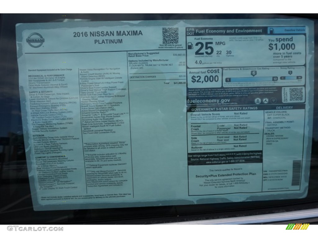 2016 Nissan Maxima Platinum Window Sticker Photo #104865896