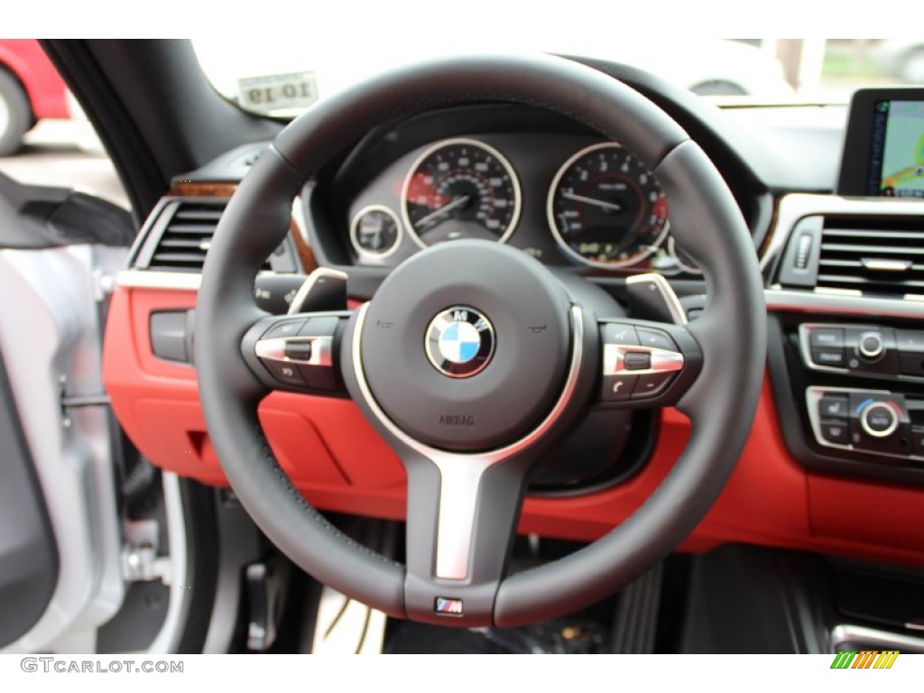 2015 BMW 4 Series 428i xDrive Coupe Coral Red/Black Highlight Steering Wheel Photo #104872547
