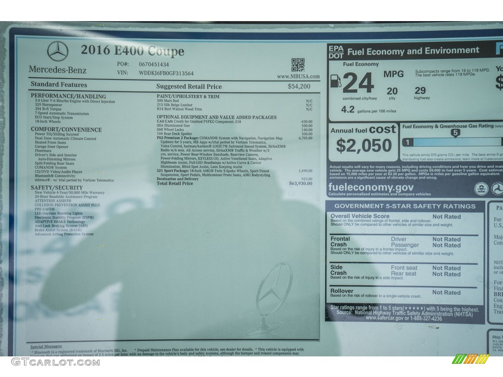 2016 Mercedes-Benz E 400 Coupe Window Sticker Photo #104906276
