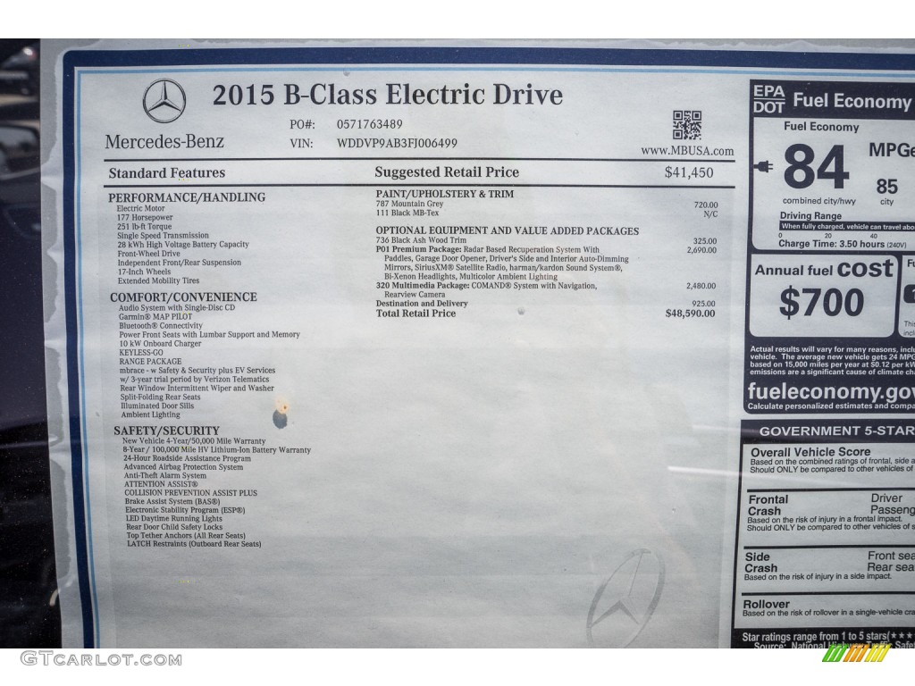 2015 Mercedes-Benz B Electric Drive Window Sticker Photo #105026517