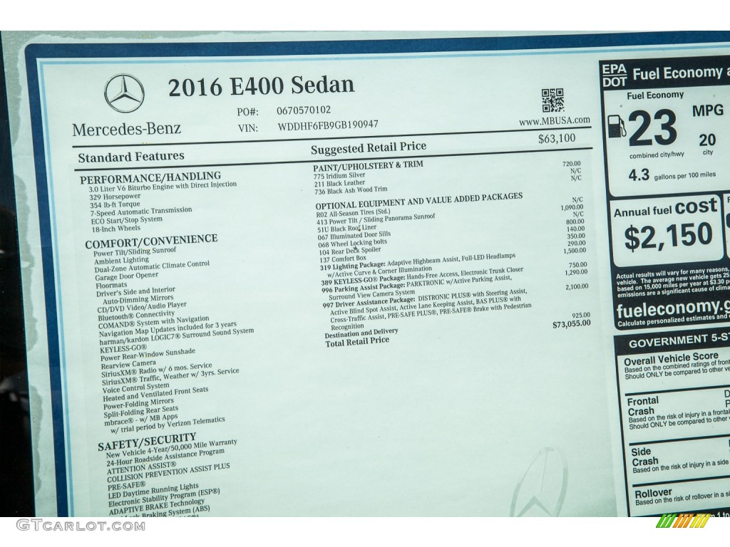 2016 Mercedes-Benz E 400 Sedan Window Sticker Photo #105068760