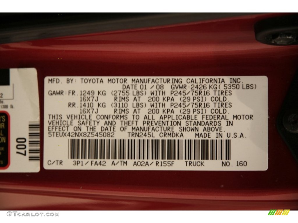 2008 Tacoma Color Code 3P1 for Impulse Red Pearl Photo #105120234