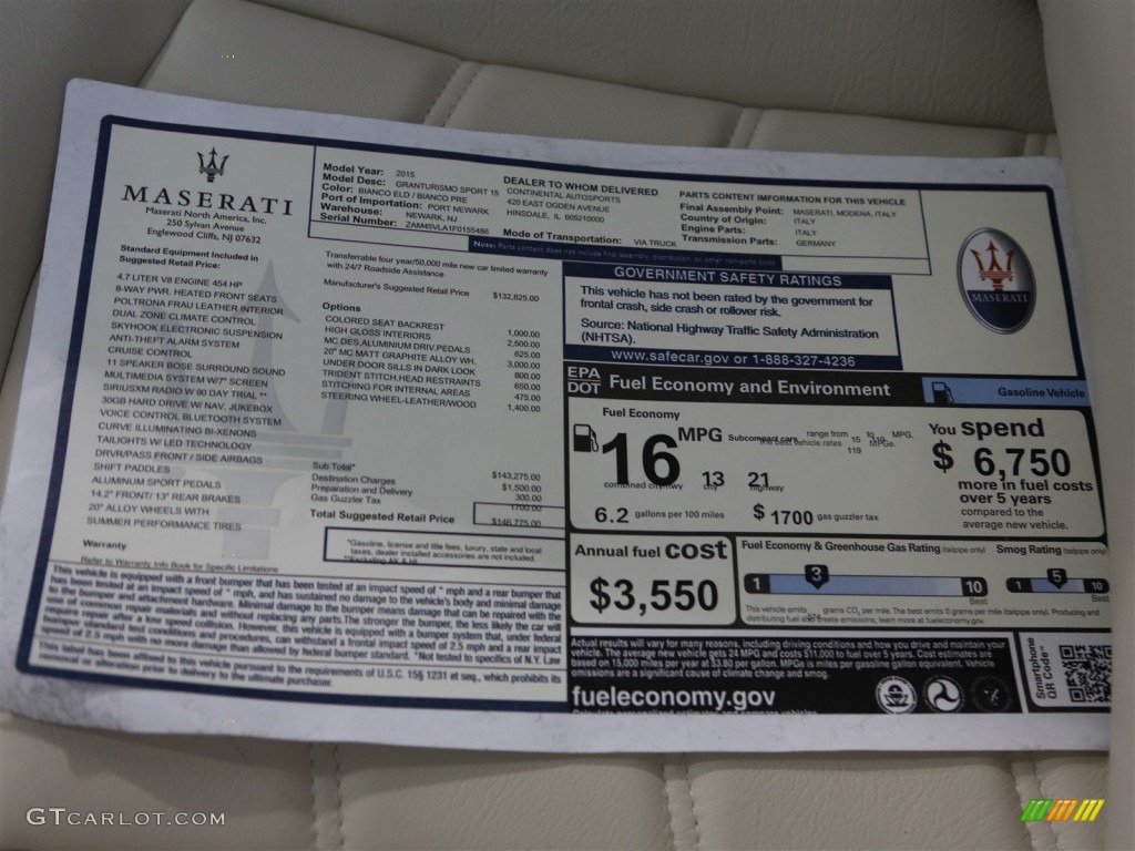 2015 Maserati GranTurismo Sport Coupe Window Sticker Photo #105208928