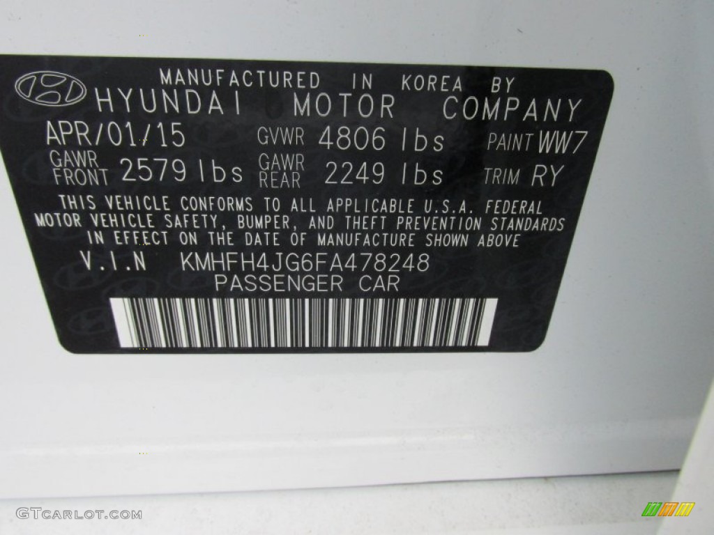 2015 Azera Color Code WW7 for Diamond White Pearl Photo #105212264