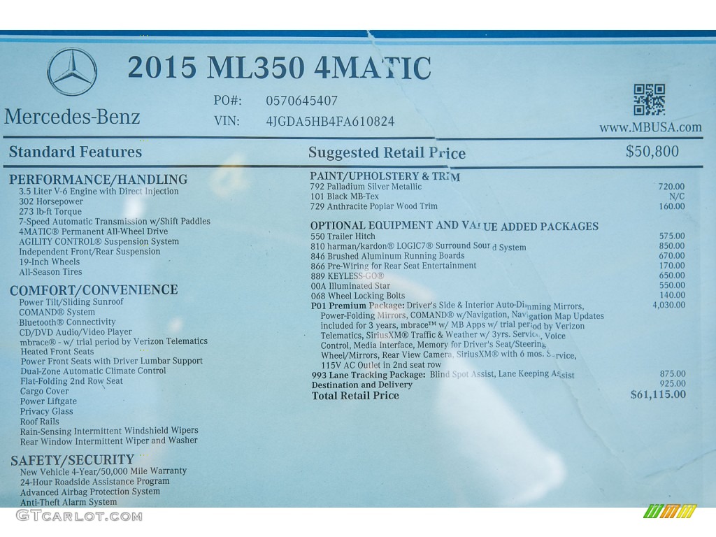 2015 Mercedes-Benz ML 350 4Matic Window Sticker Photo #105230645