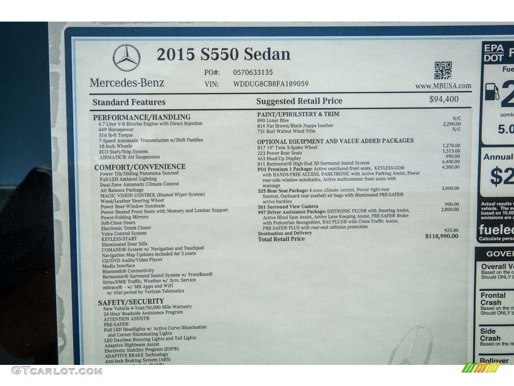 2015 Mercedes-Benz S 550 Sedan Window Sticker Photo #105233432