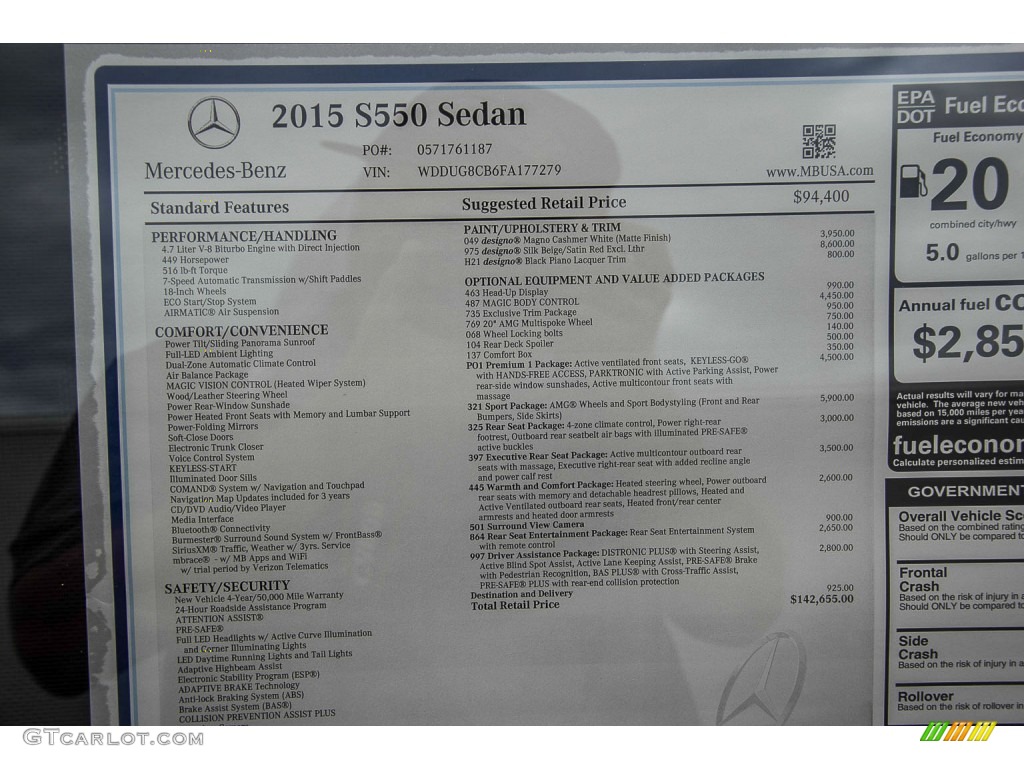 2015 Mercedes-Benz S 550 Sedan Window Sticker Photo #105257946