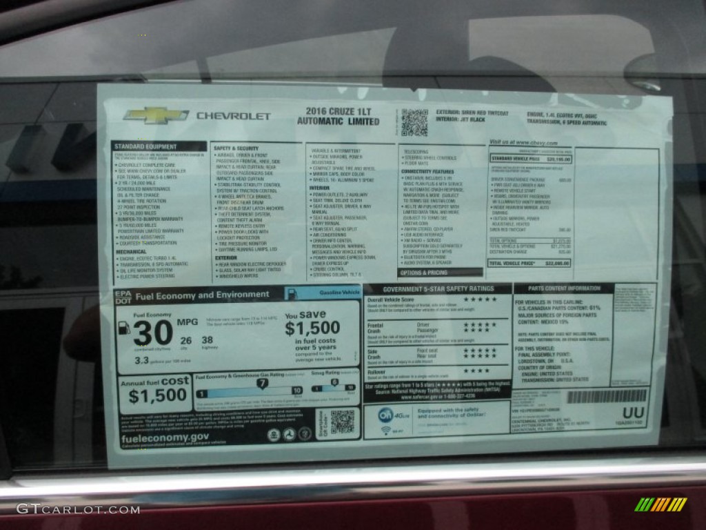 2016 Chevrolet Cruze Limited LT Window Sticker Photo #105307196