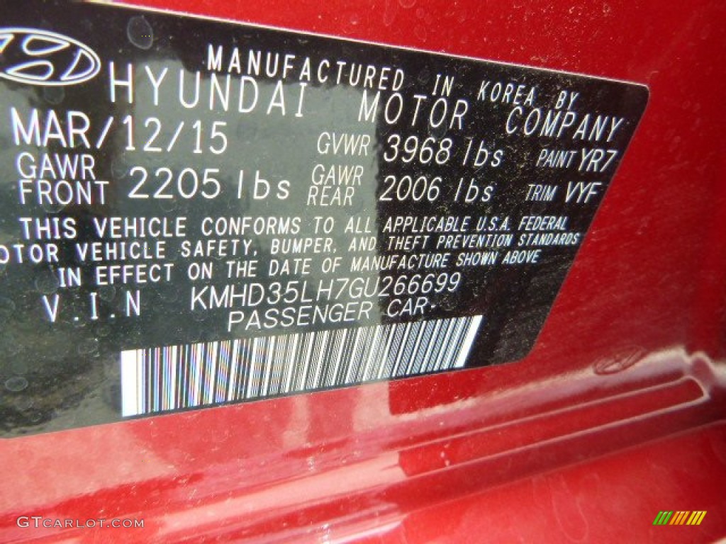 2016 Elantra GT Color Code YR7 for Scarlet Red Pearl Photo #105308606