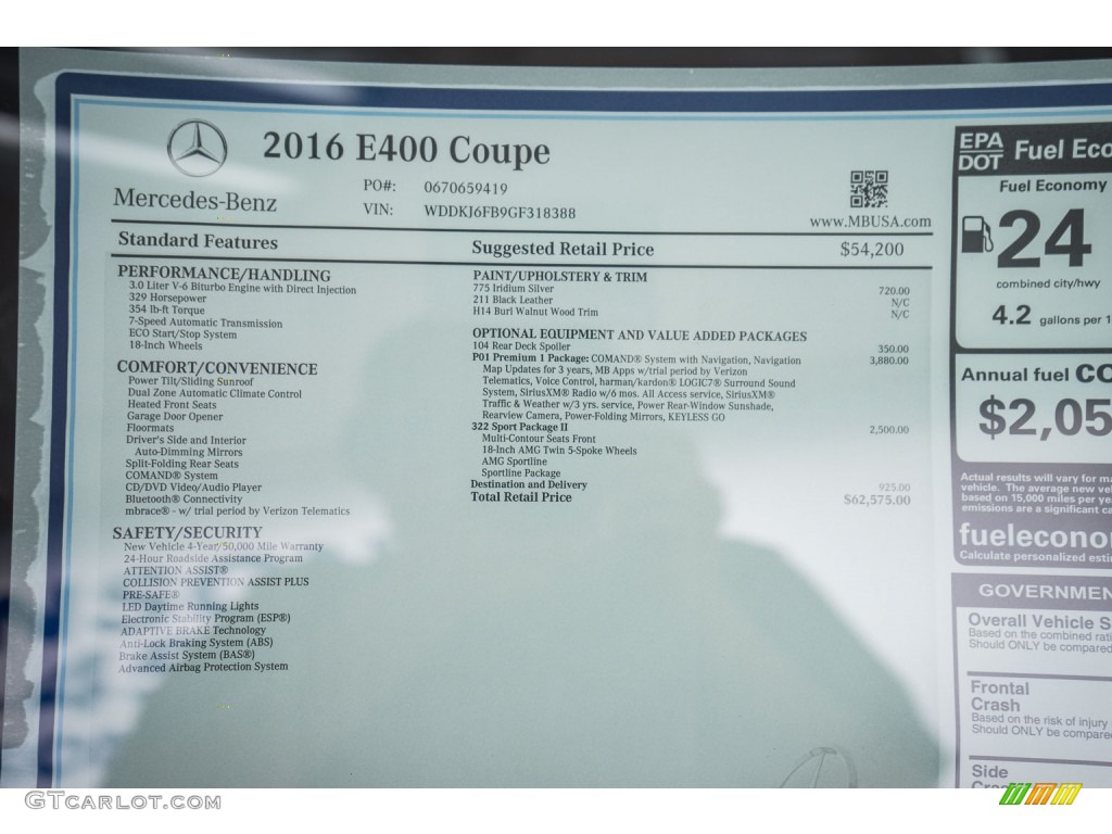 2016 Mercedes-Benz E 400 Coupe Window Sticker Photo #105318047