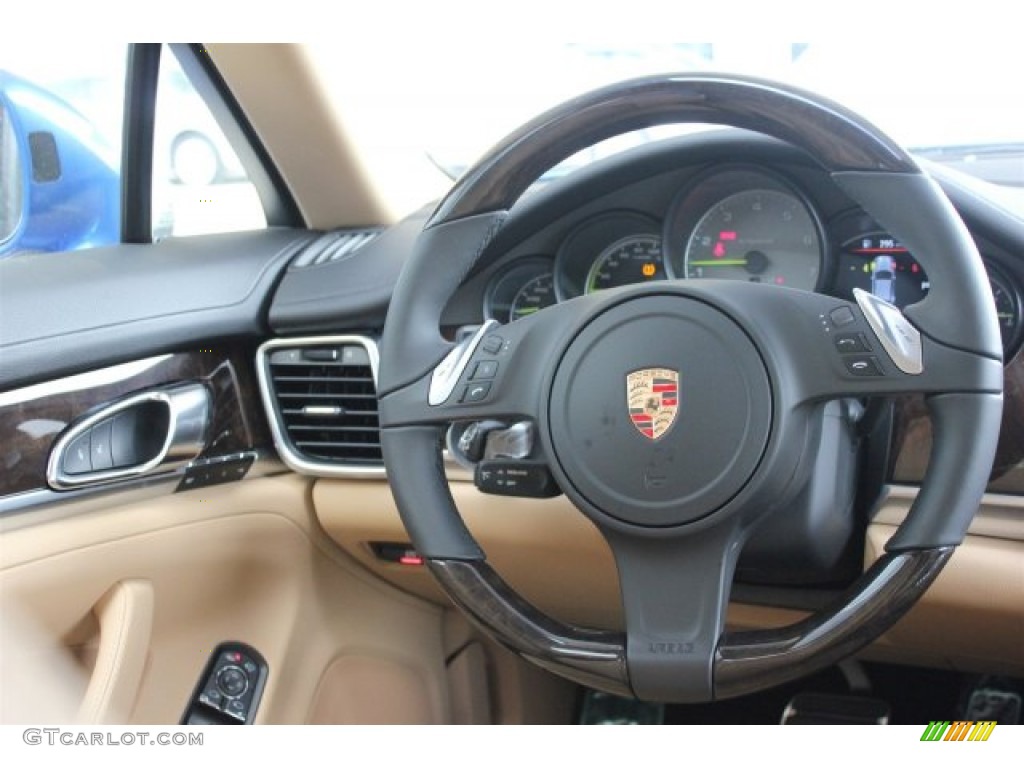 2015 Porsche Panamera S E-Hybrid Black/Luxor Beige Steering Wheel Photo #105322733