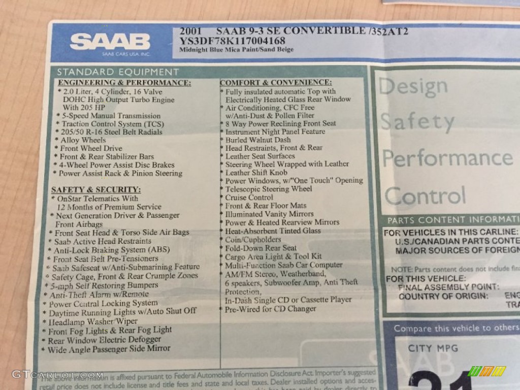 2001 Saab 9-3 SE Convertible Window Sticker Photo #105337878