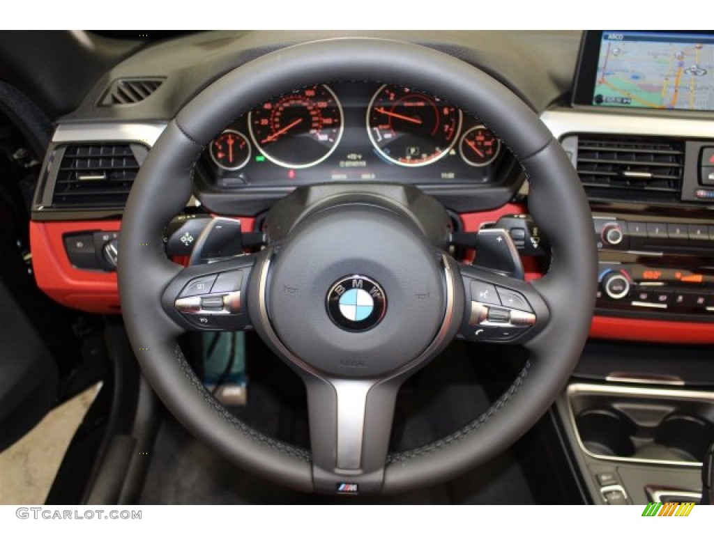 2015 BMW 4 Series 428i Convertible Coral Red/Black Highlight Steering Wheel Photo #105420549