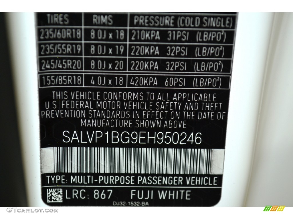 2014 Range Rover Evoque Color Code 867 for Fuji White Photo #105437861