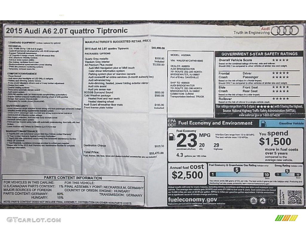 2015 A6 2.0T Premium Plus quattro Sedan - Quartz Gray Metallic / Titanium Gray photo #36