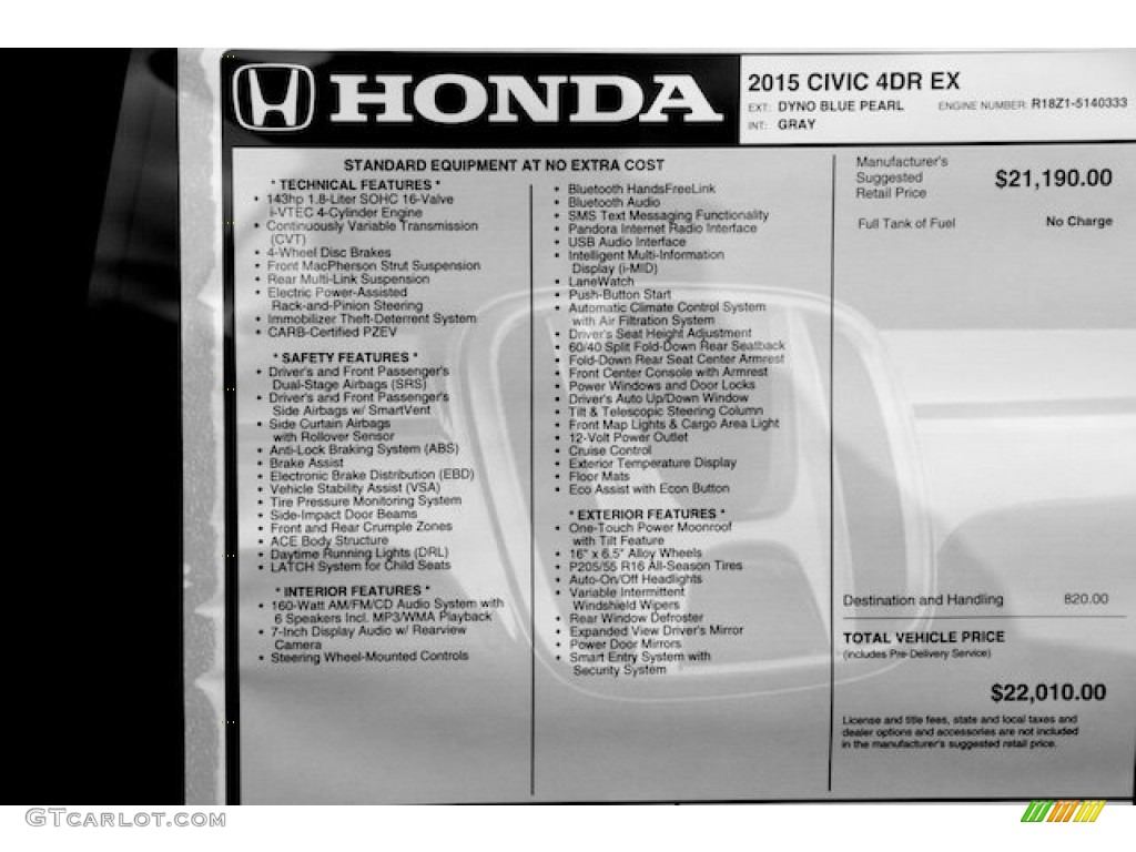 2015 Honda Civic EX Sedan Window Sticker Photo #105468072