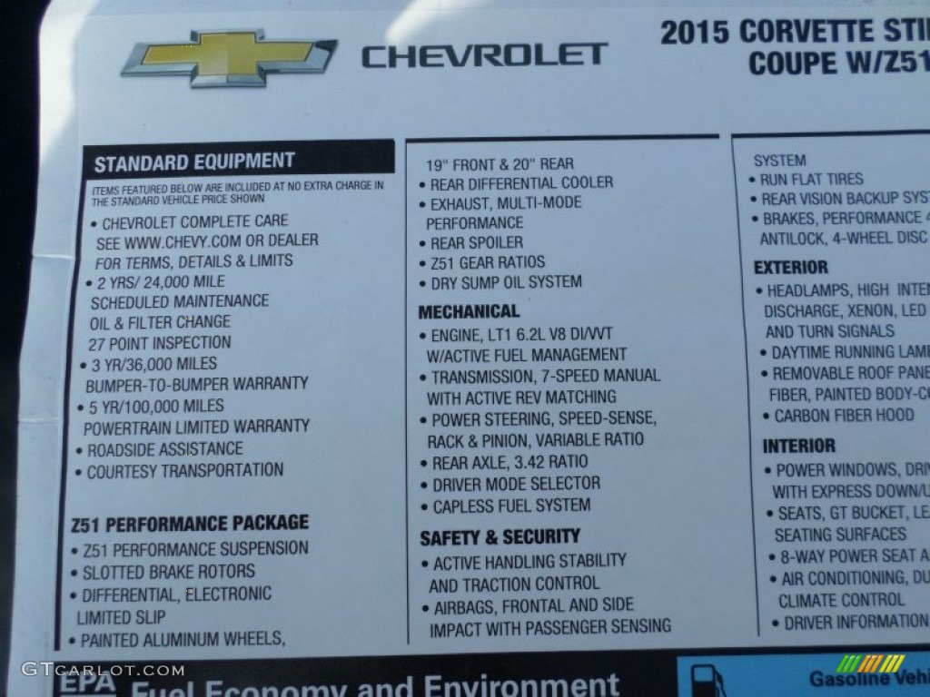 2015 Chevrolet Corvette Stingray Coupe Z51 Window Sticker Photo #105480999