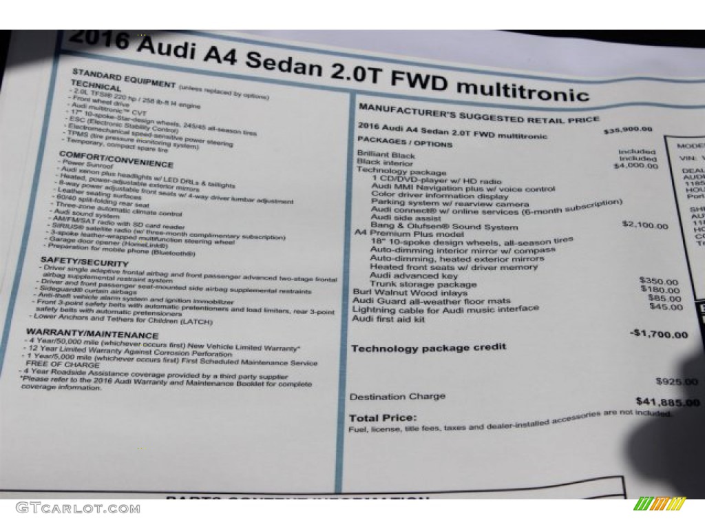 2016 Audi A4 2.0T Premium Window Sticker Photo #105492103