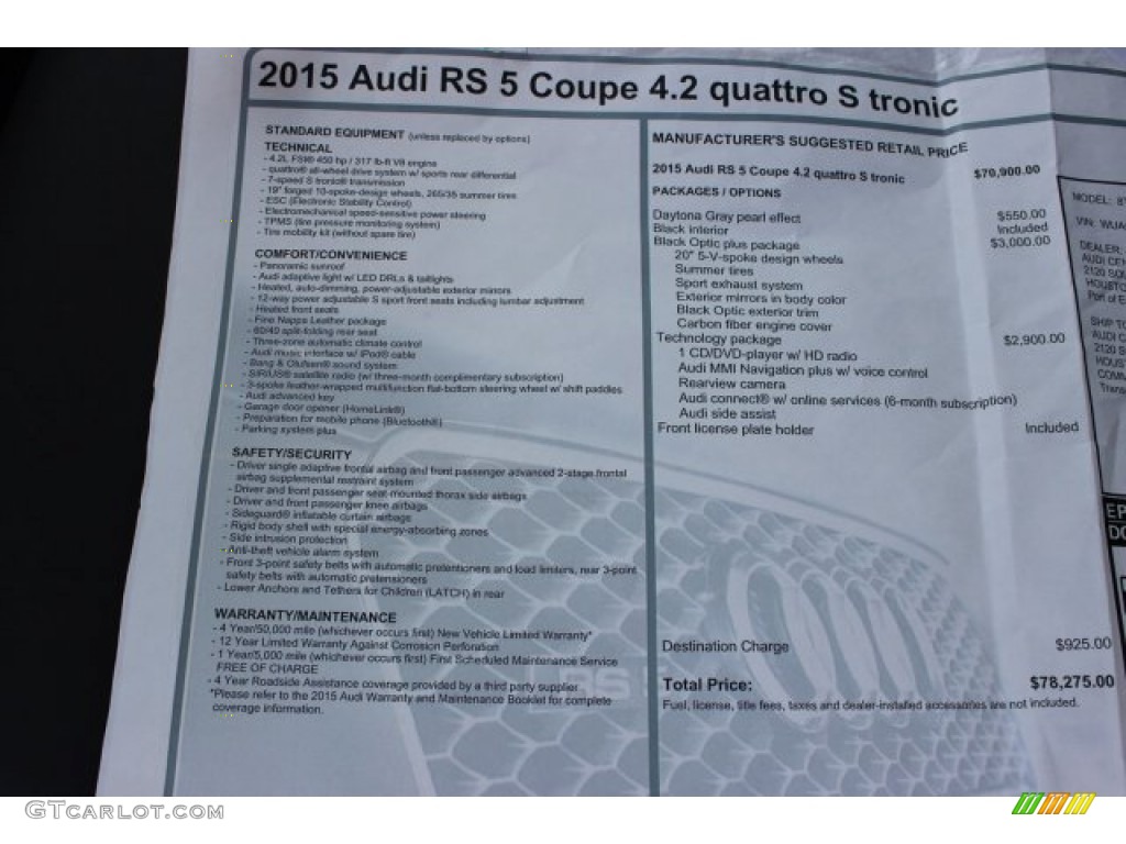 2015 Audi RS 5 Coupe quattro Window Sticker Photo #105493795
