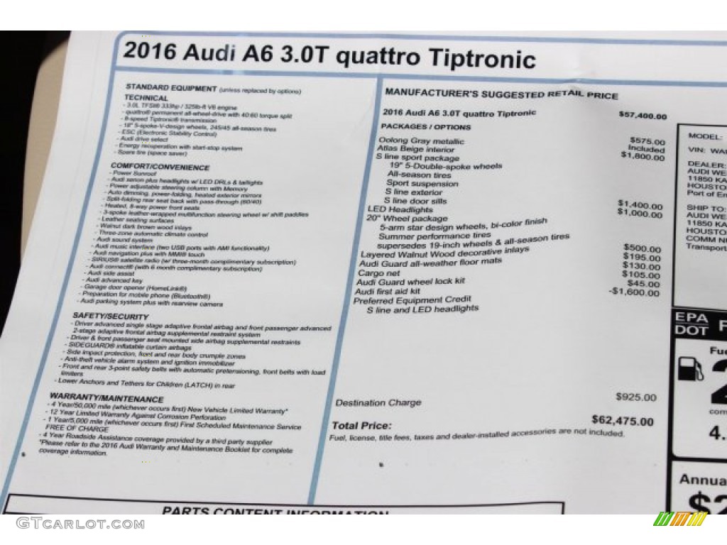 2016 A6 3.0 TFSI Premium Plus quattro - Oolong Grey Metallic / Atlas Beige photo #8