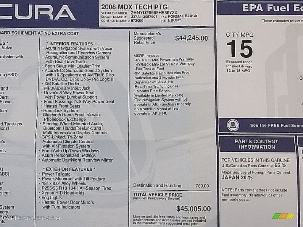 2008 Acura MDX Technology Window Sticker Photos